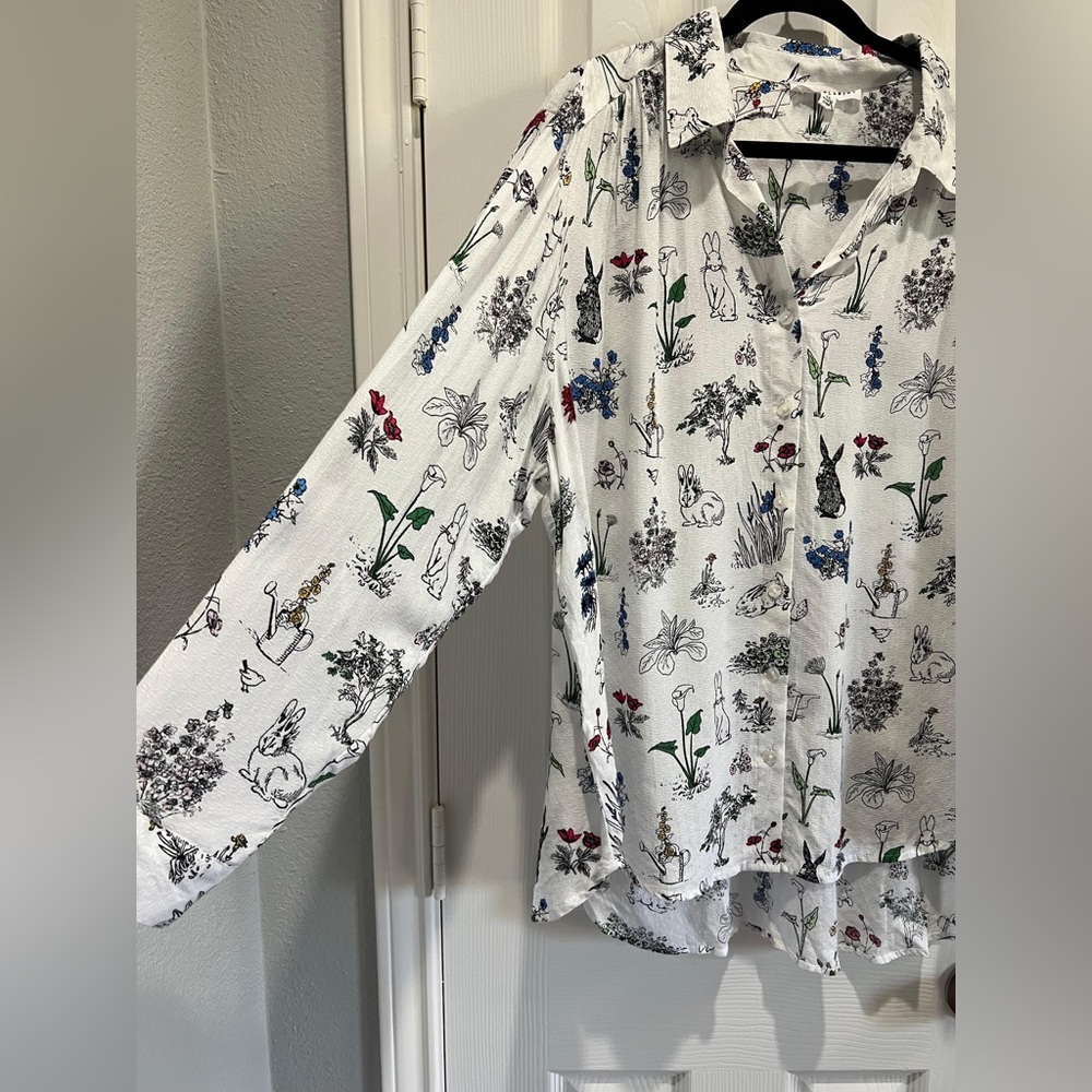 Jane & Delancey Bunny Print Blouse 2X Cottagecore Easter Spring Teacher Top - Picture 4 of 9